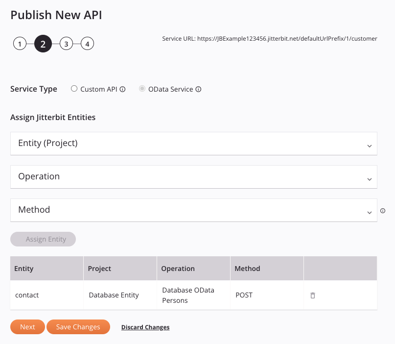 publicar nueva API paso 2 asignar entidades Jitterbit OData