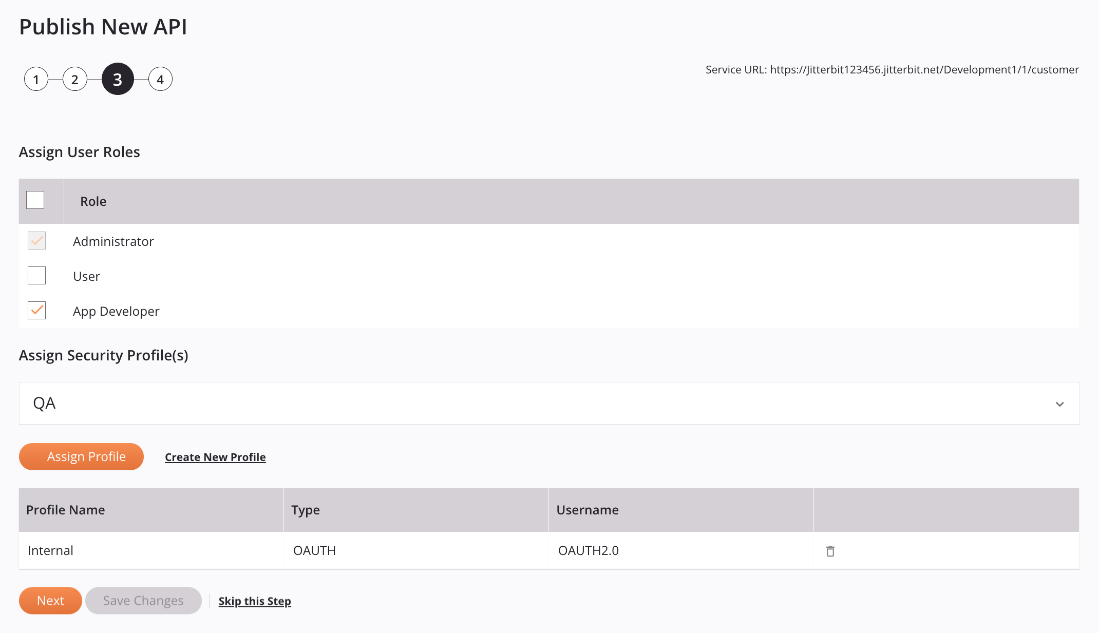 publish new API step 3 user roles security profiles