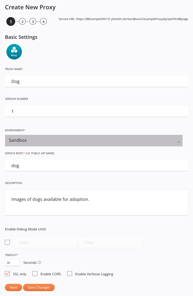 Crear nuevo proxy, paso 1, configuración básica