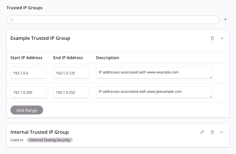 configuração de grupos de IP confiáveis