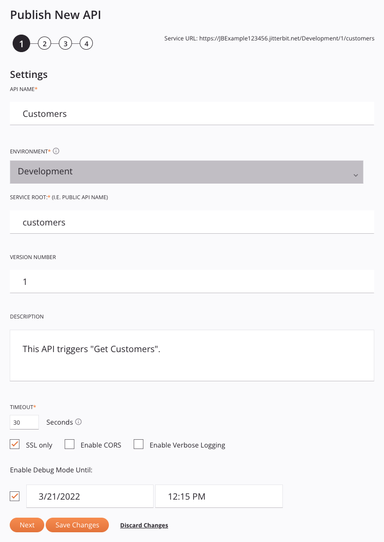 publish new API step 1 settings