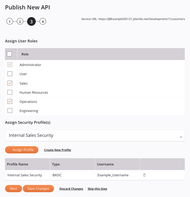 publish new API step 3 user roles security profiles