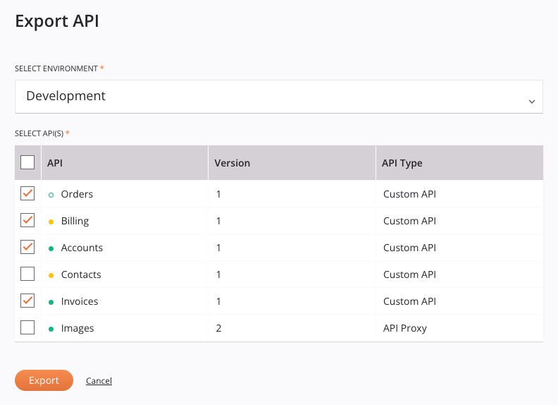 grupo exportar selecionar APIs