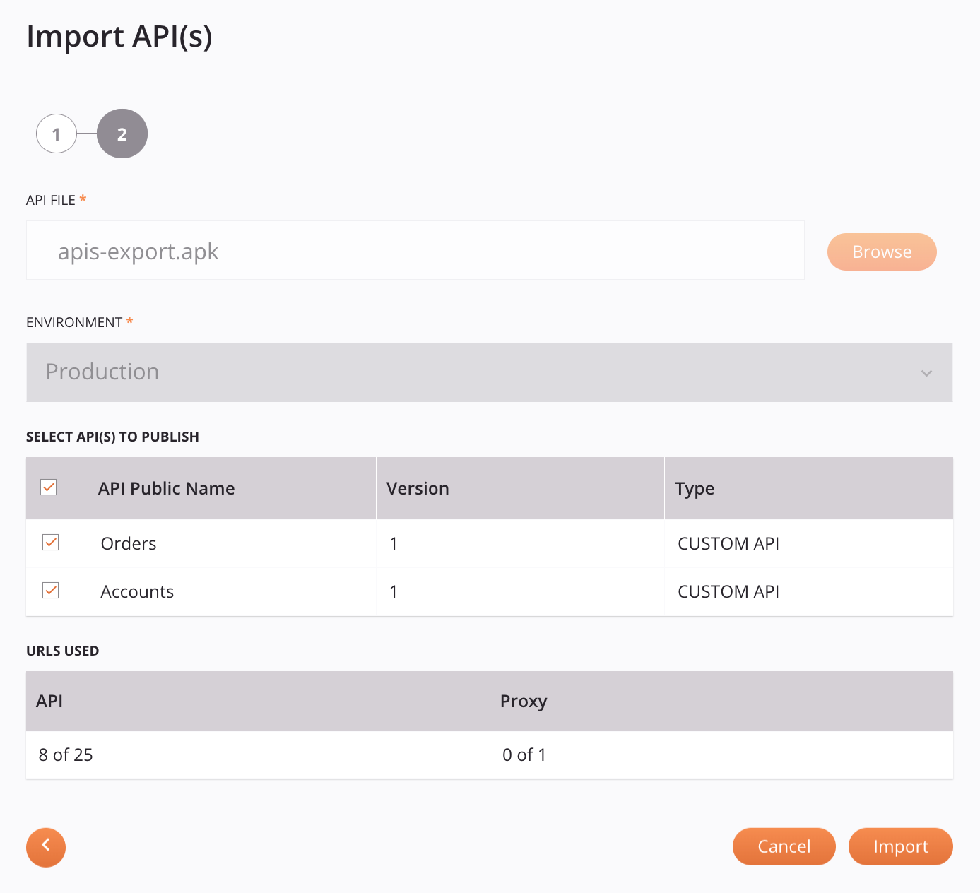 import APIs URLs used