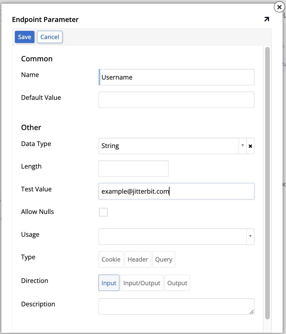 Endpoint parameter dialog