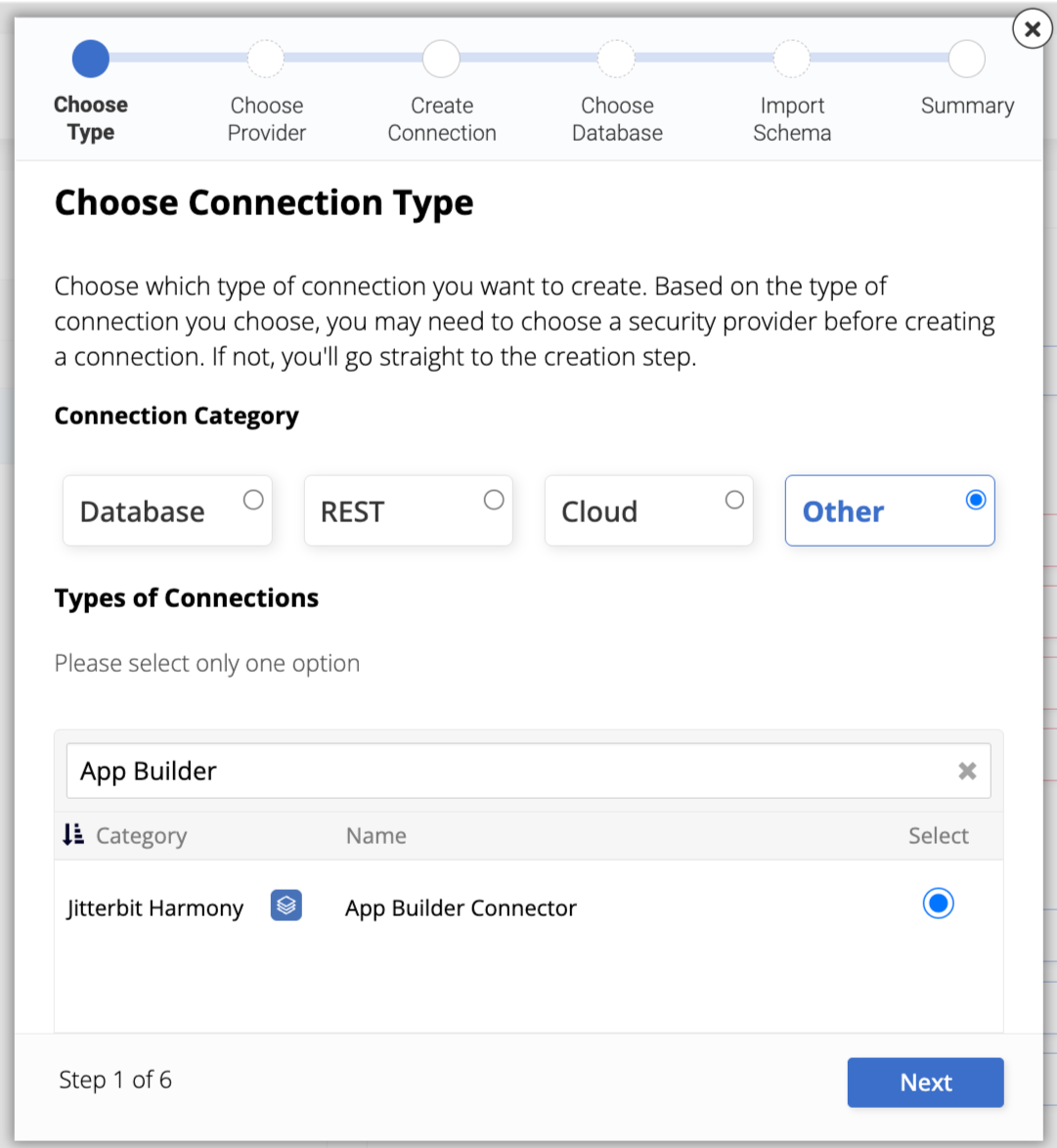 Choose Connection Type screen