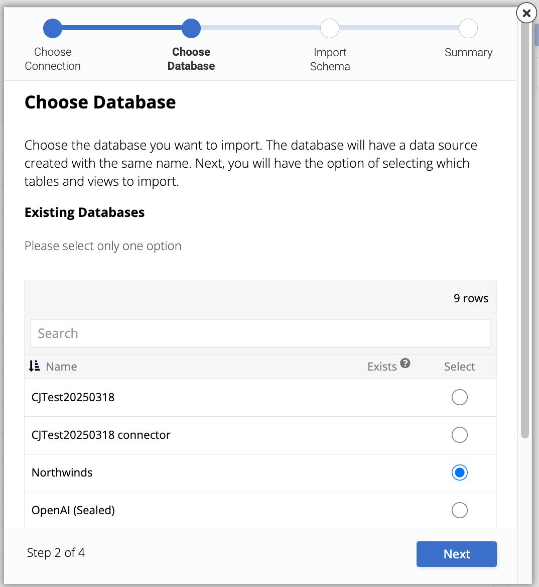 Choose Database wizard