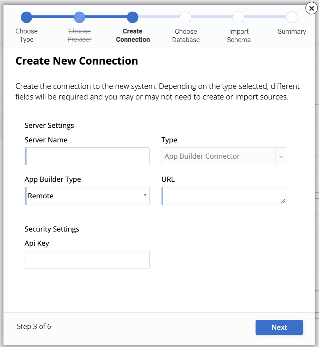 Create New Connection screen