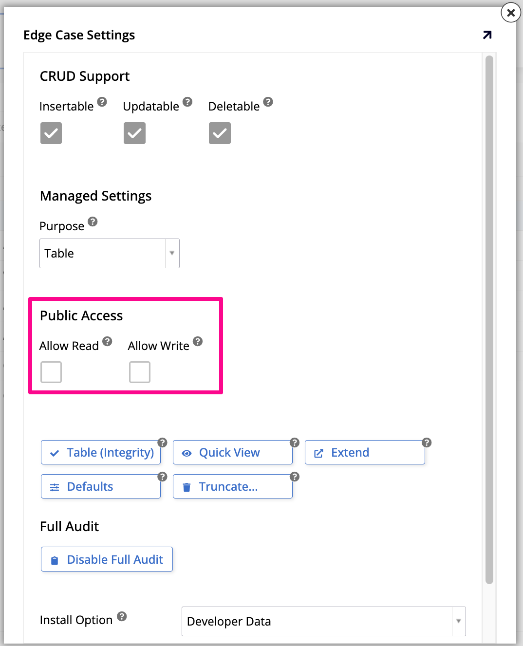Edge Case Settings dialog