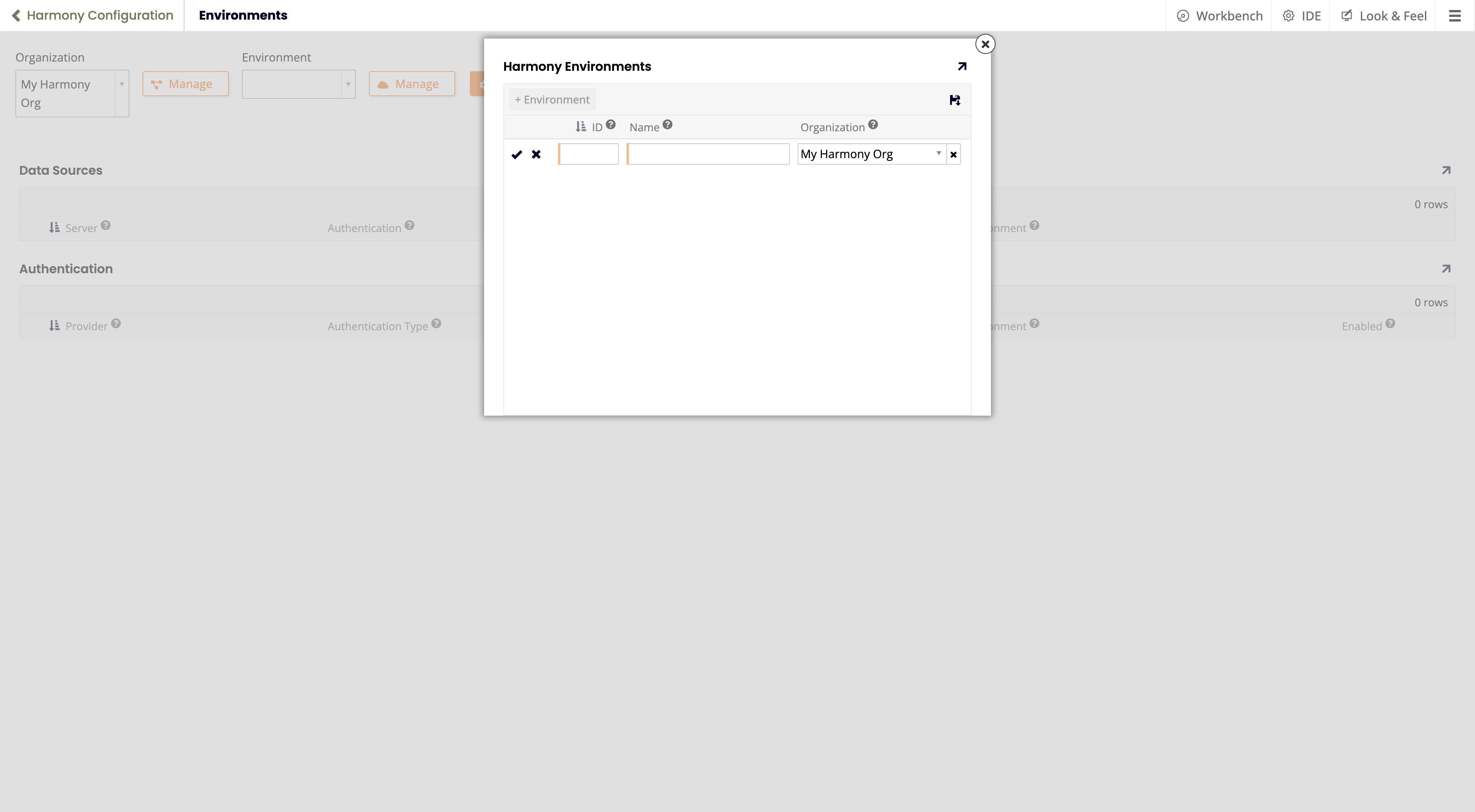 Harmony environments popup