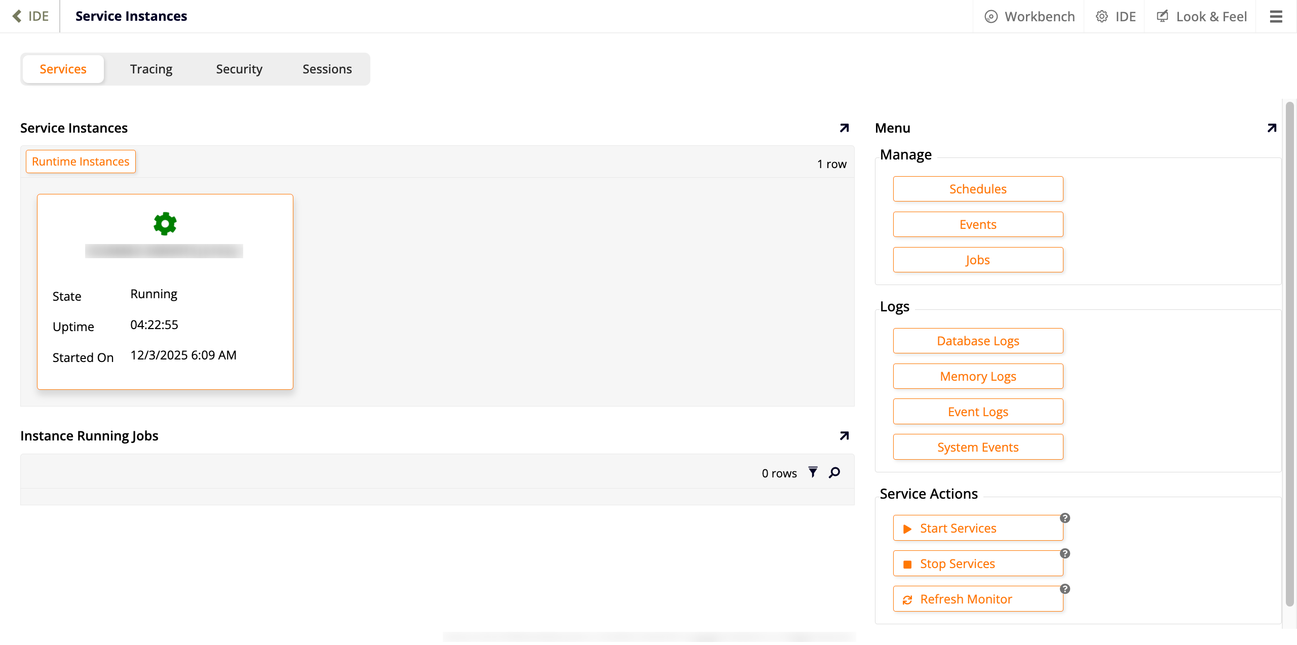 IDE Monitoring page Services tab
