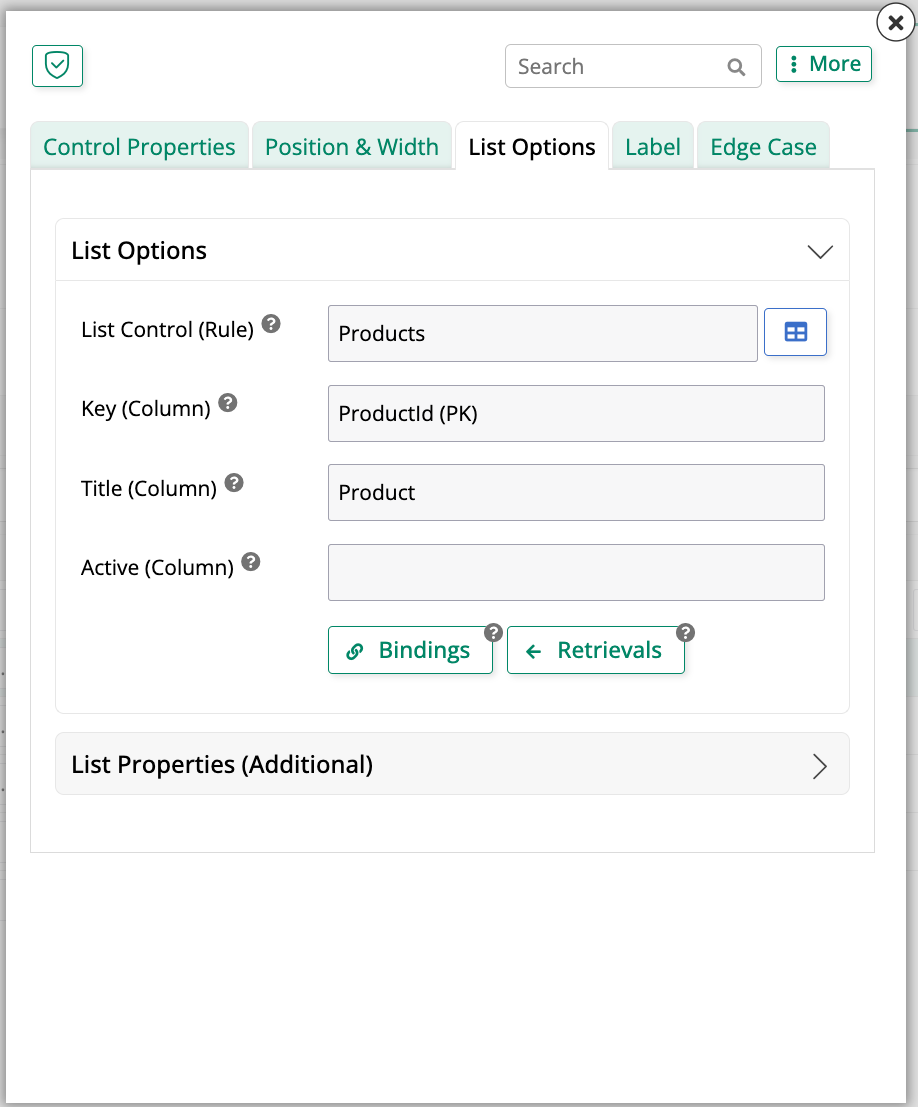 List options dialog