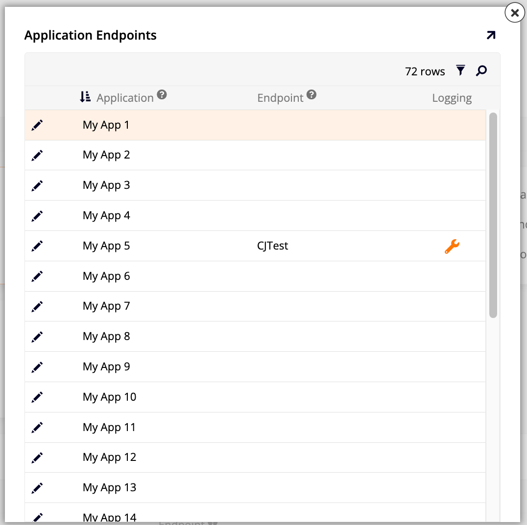Application Endpoints dialog