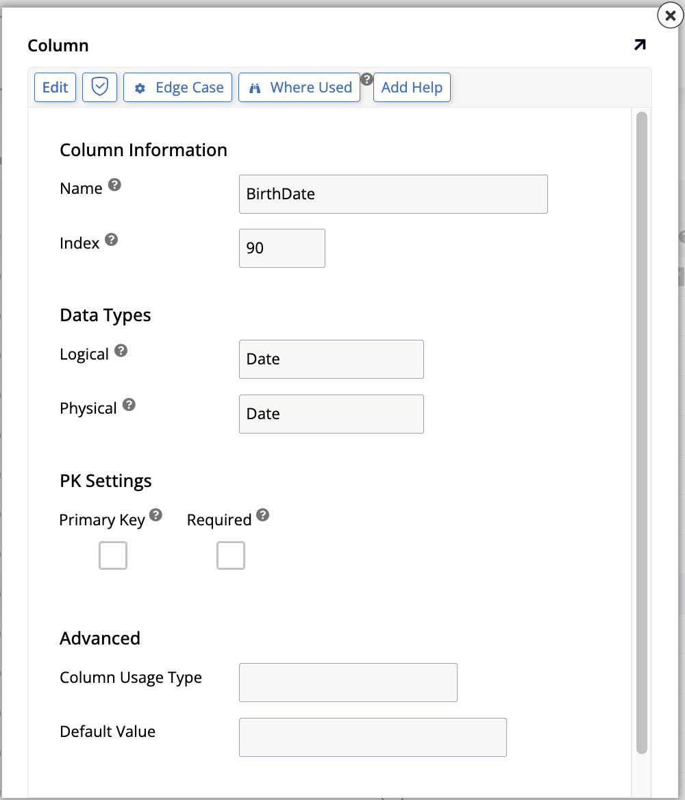 BirthDate column edit screen