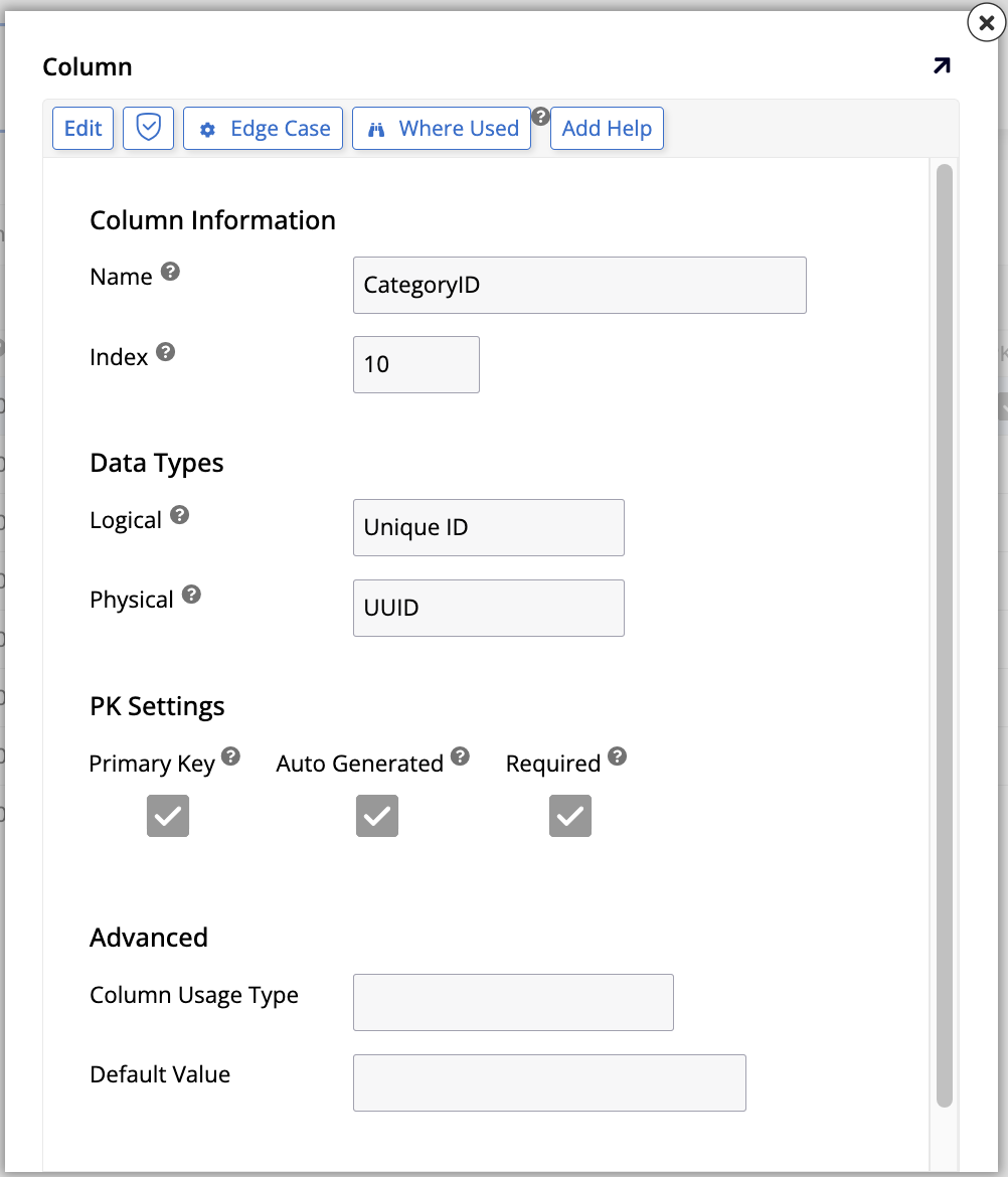 CategoryID column edit screen