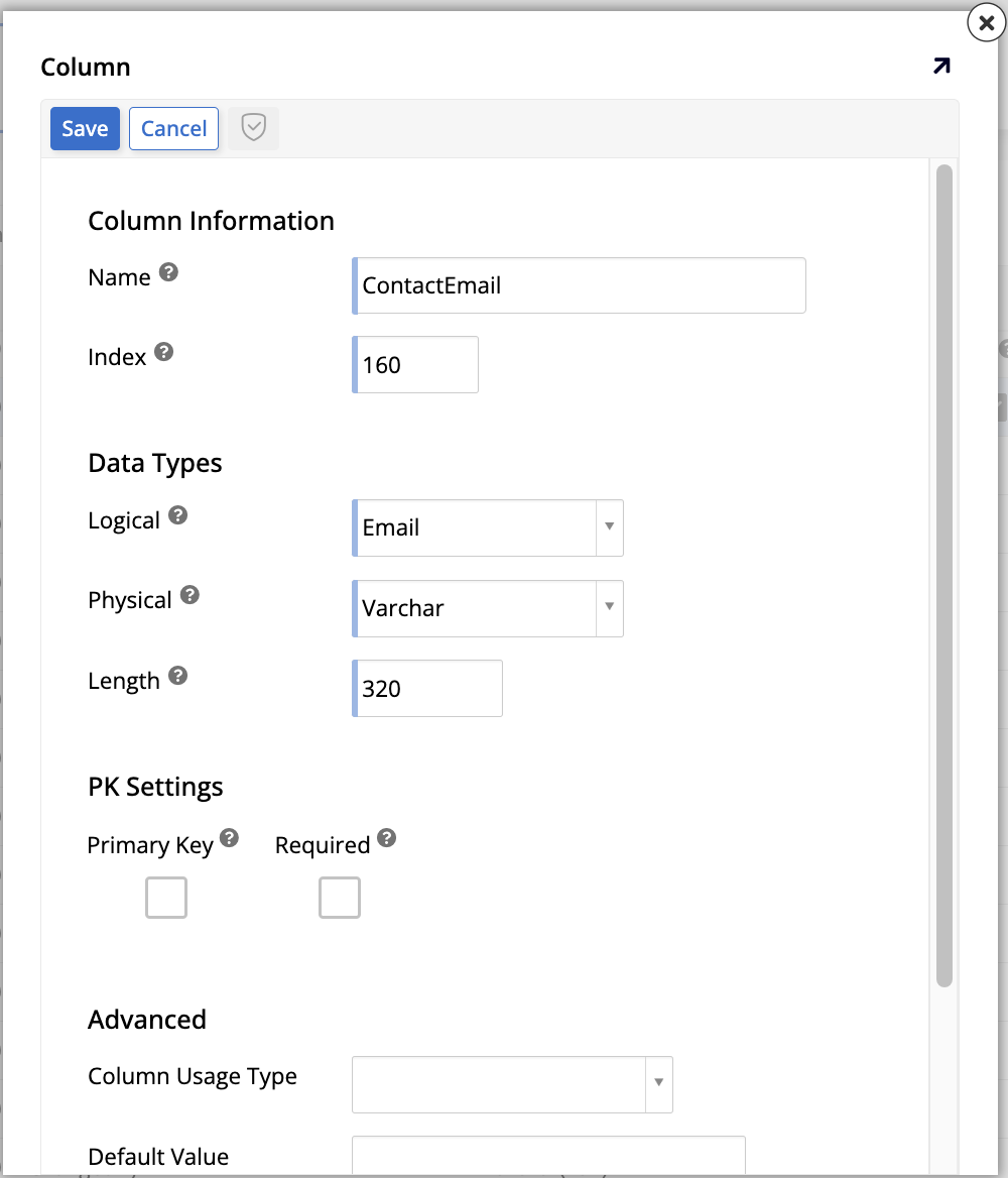 ContactEmail column creation screen