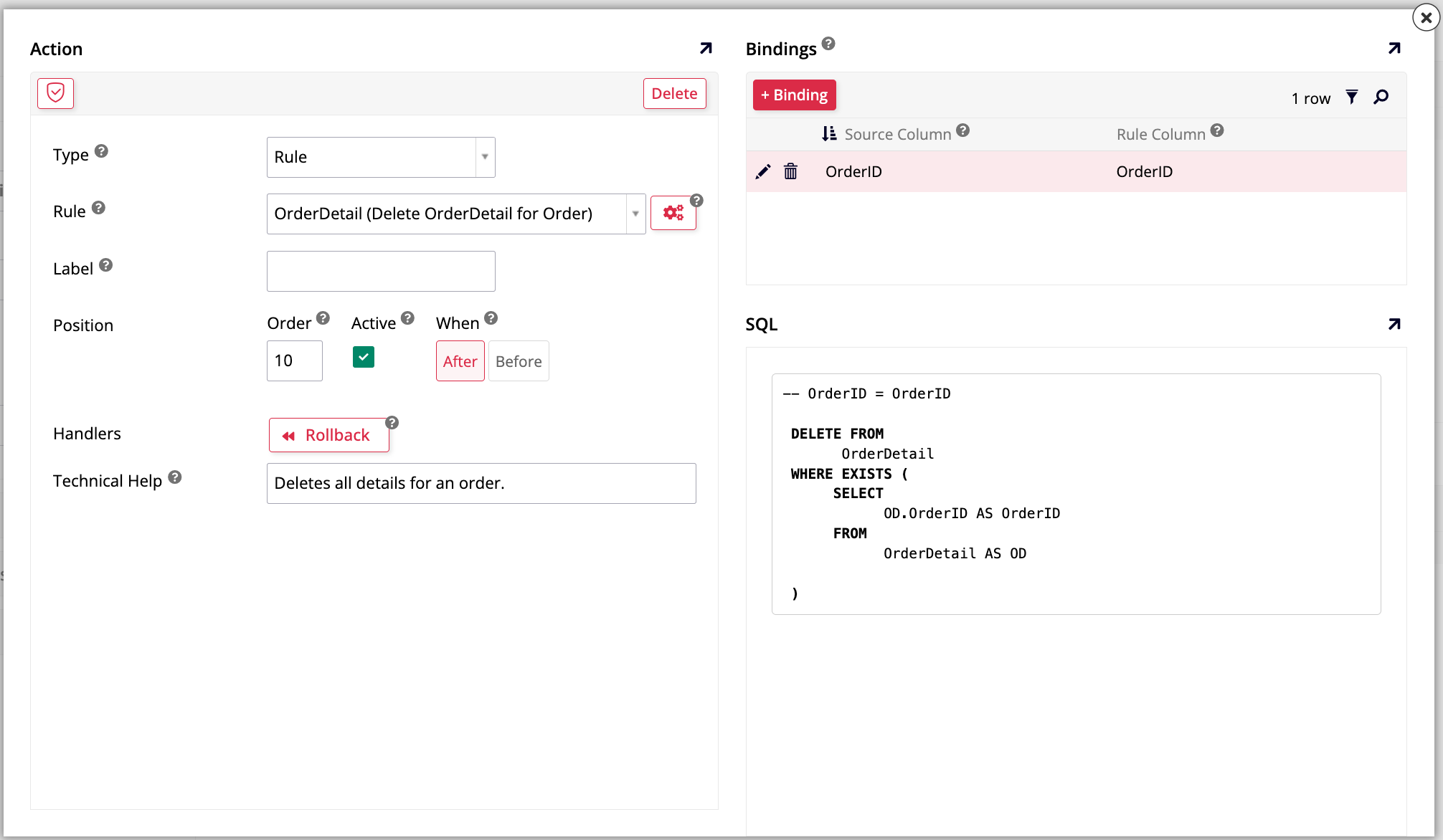 Delete OrderDetails action