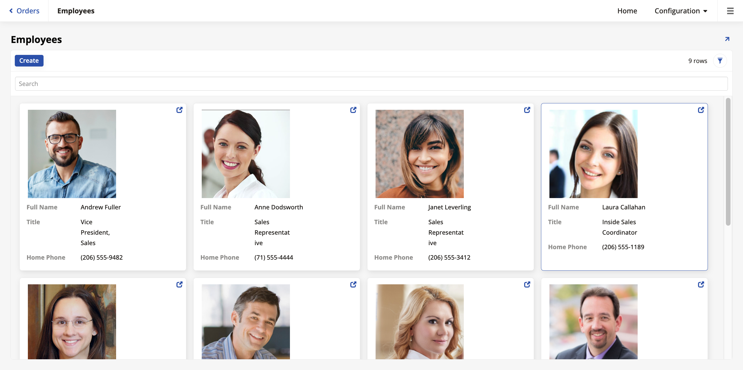 Employees page with tiles