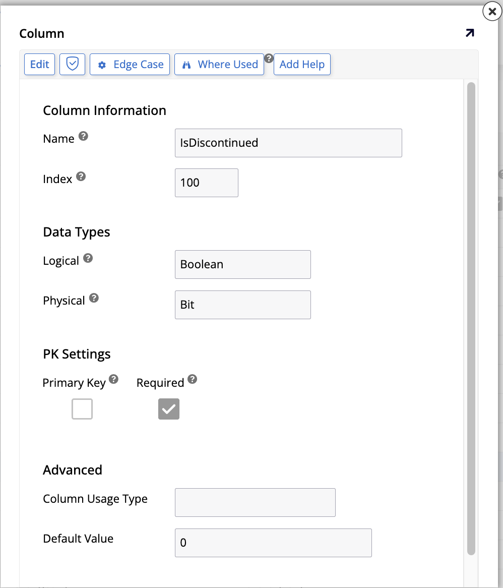 IsDiscontinued column edit screen