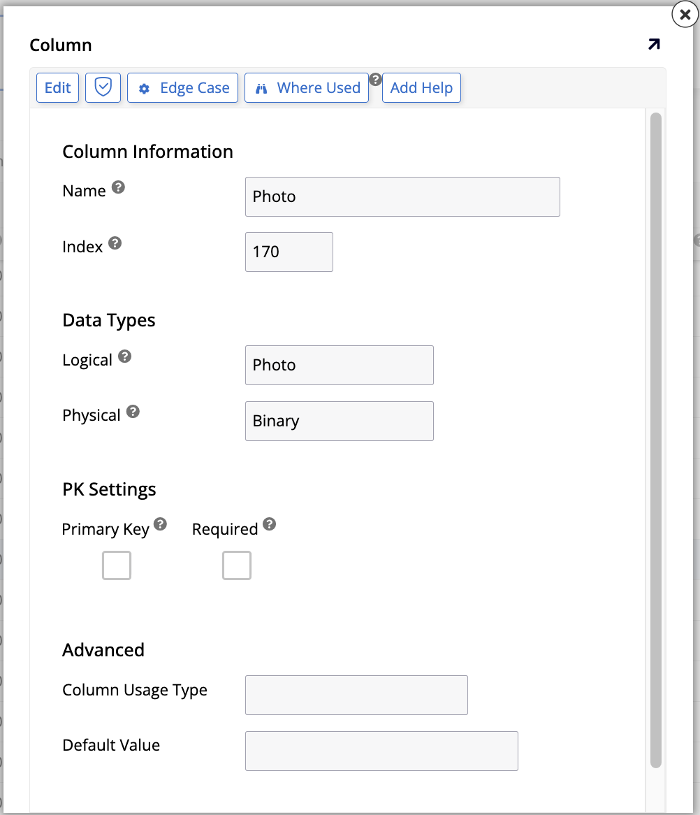 Photo column edit screen