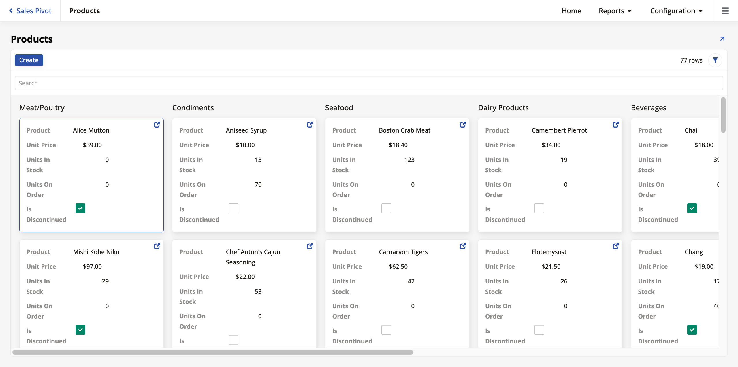 Products page with a lane panel