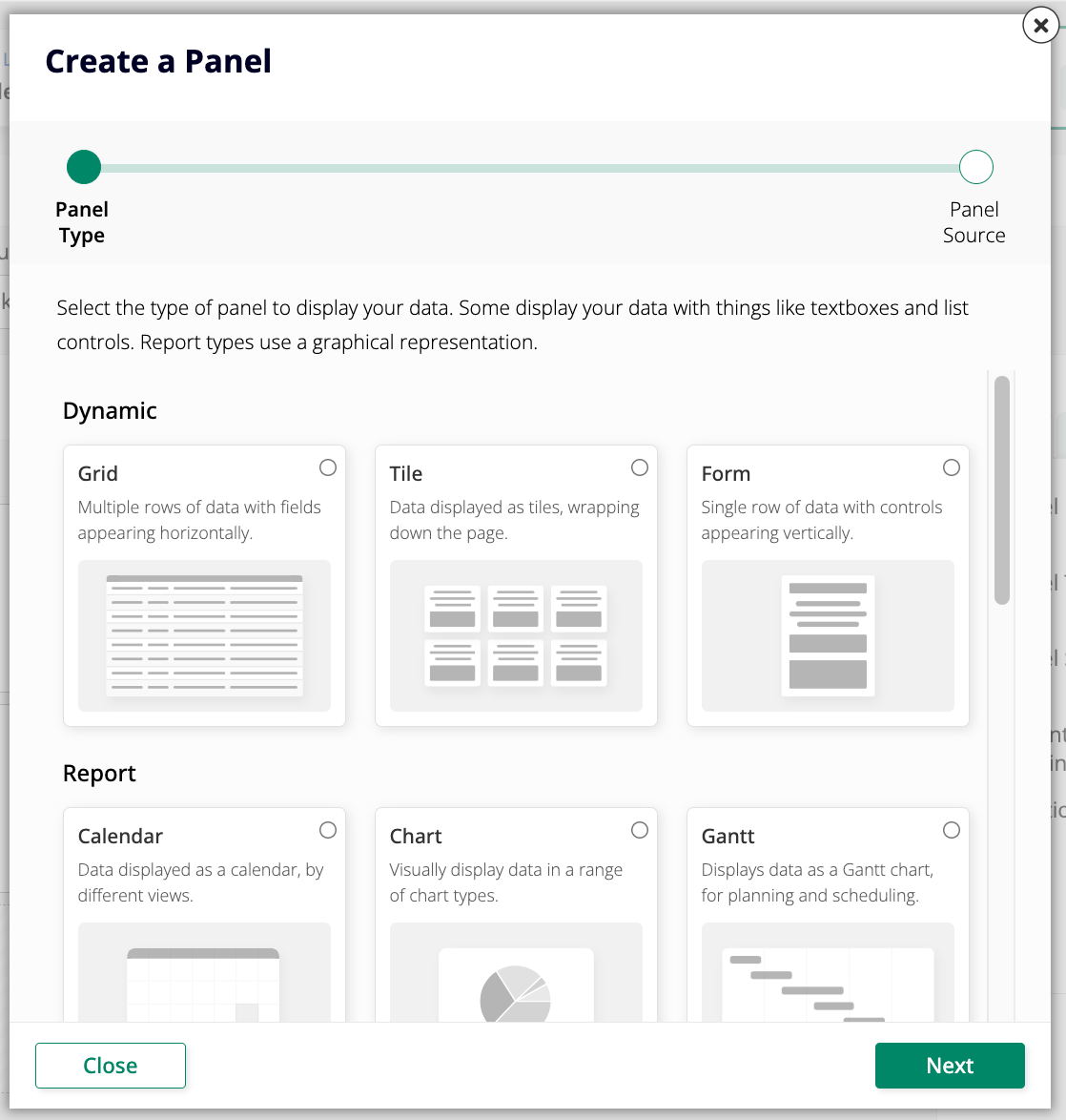 create a panel dialog