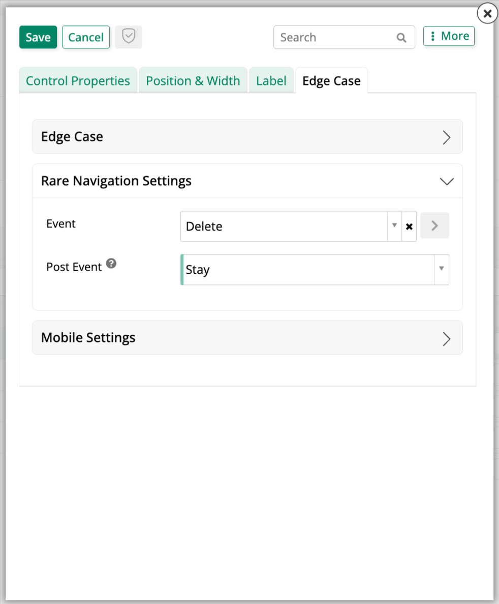 Event set to Delete in the Rare Navigation Settings accordion, with Post Event also shown