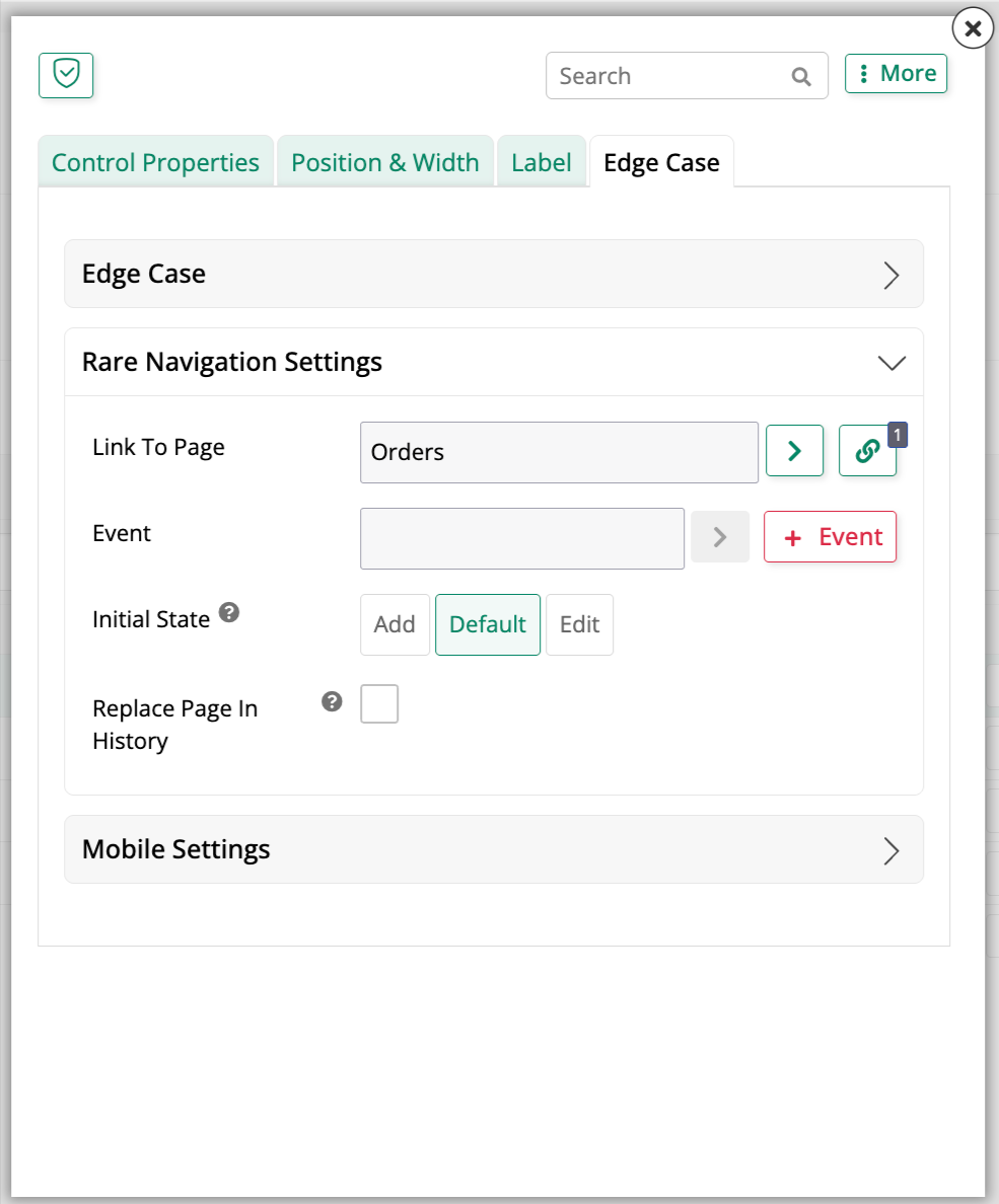Link To Page set in the Rare Navigation Settings accordion, with Event, Initial State, and Replace Page In History also shown