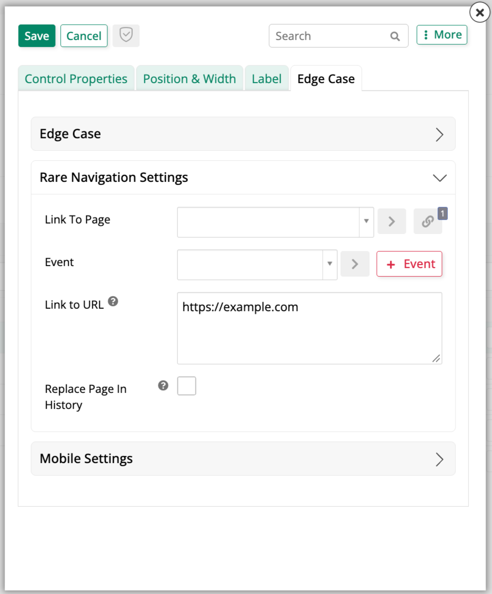 Link to URL entered in the Rare Navigation Settings accordion, with Event and Replace Page In History also shown