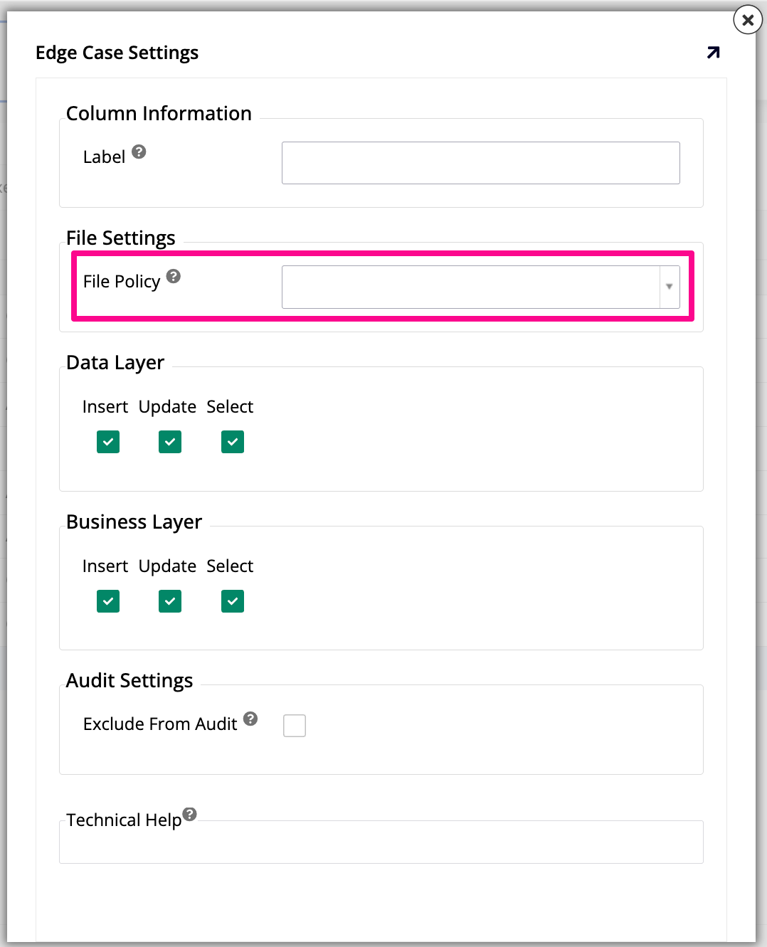 edge case settings dialog