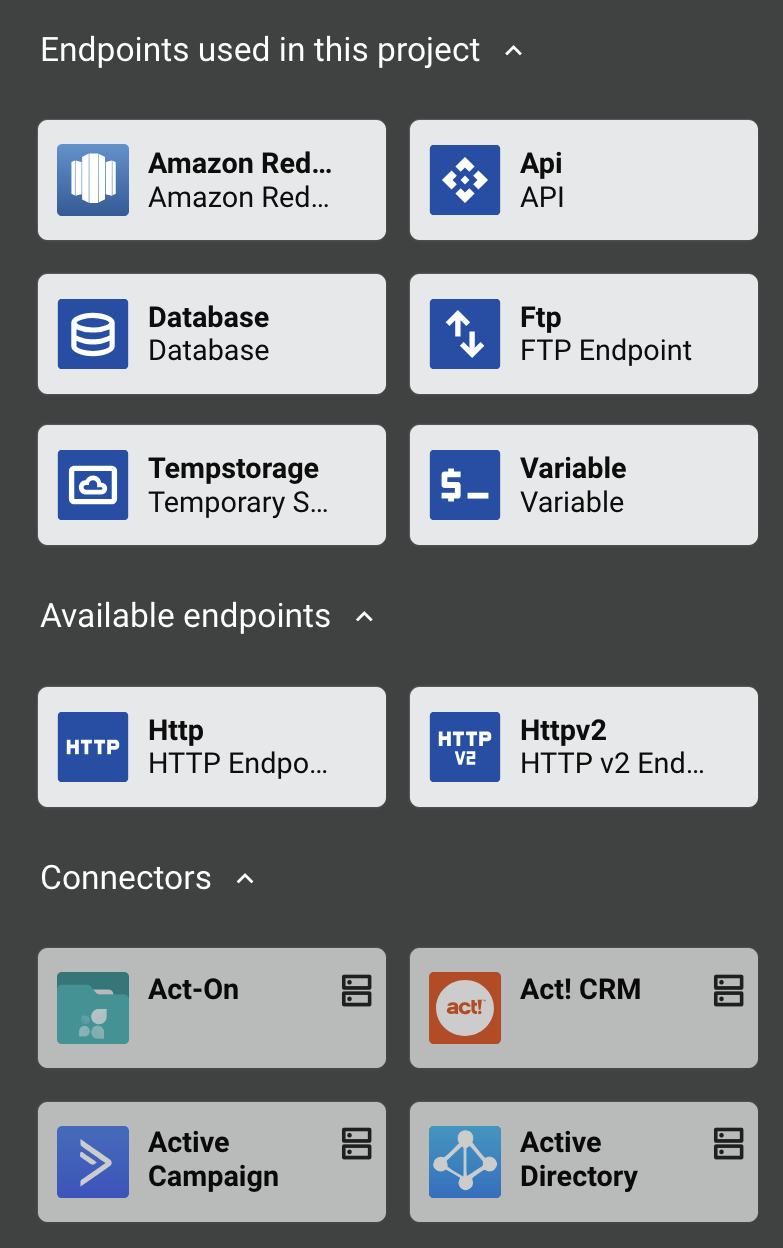 categorias de conectores e endpoints do projeto