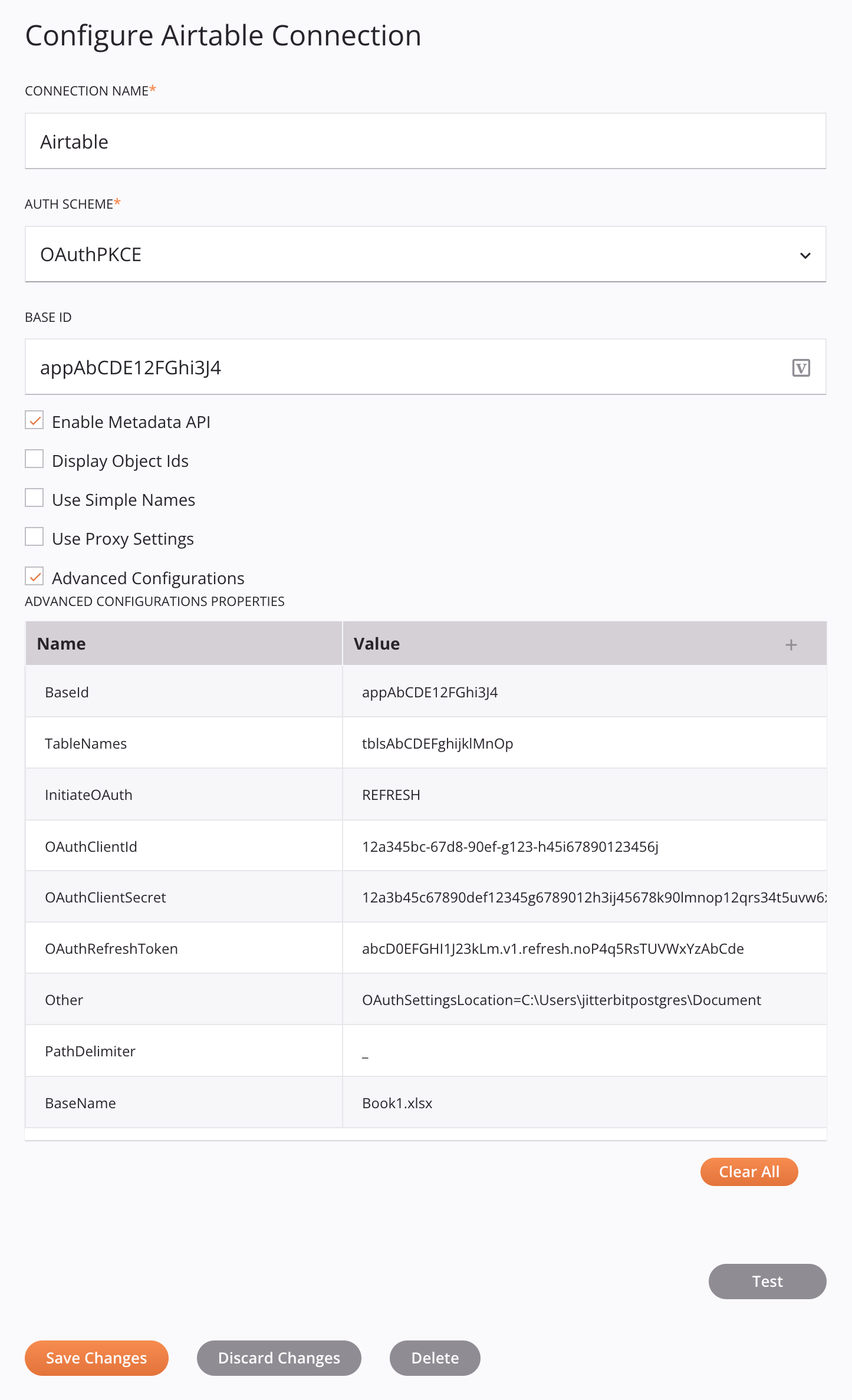 Configuração de conexão do Airtable