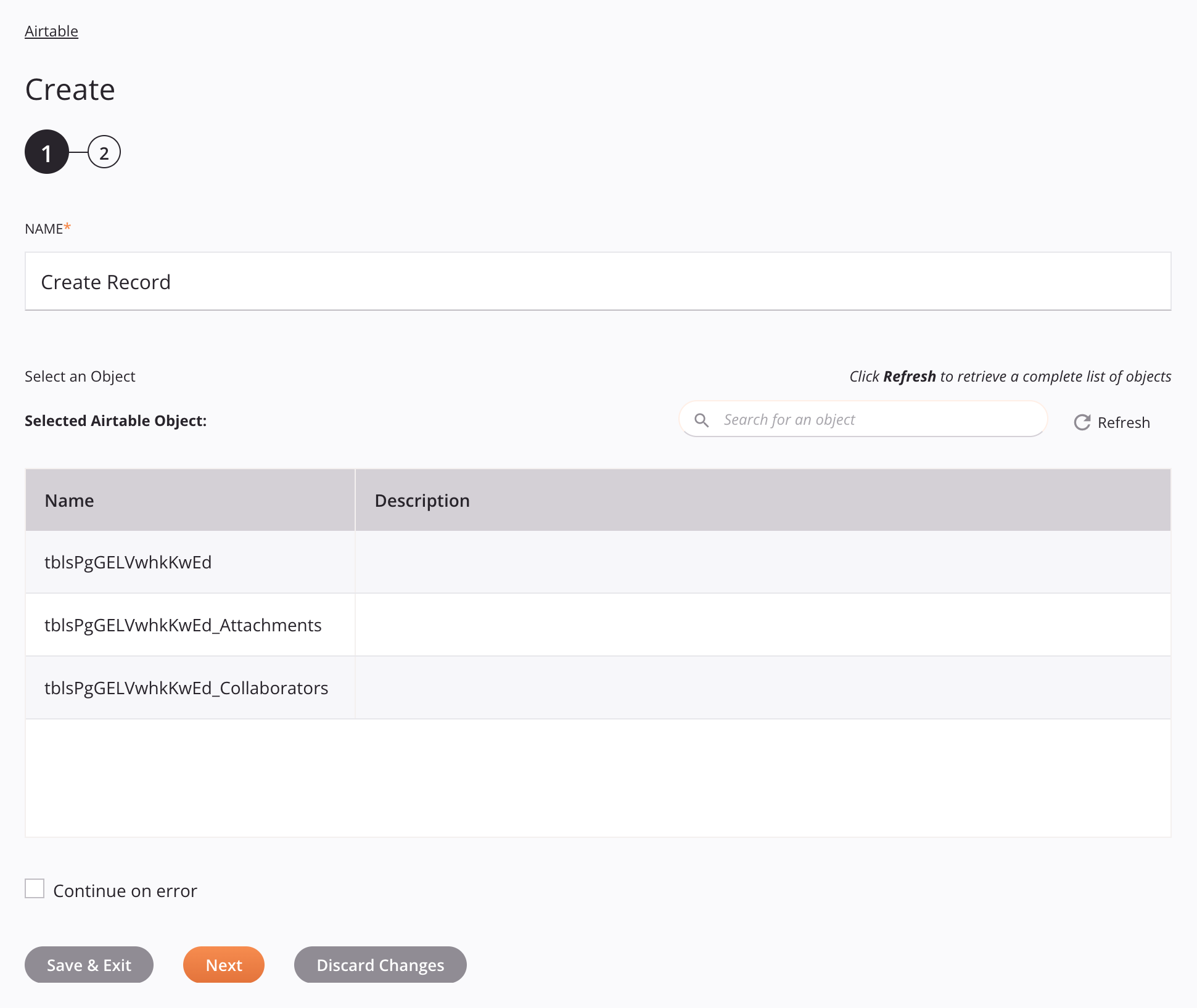 Airtable Crear configuración de actividad Paso 1