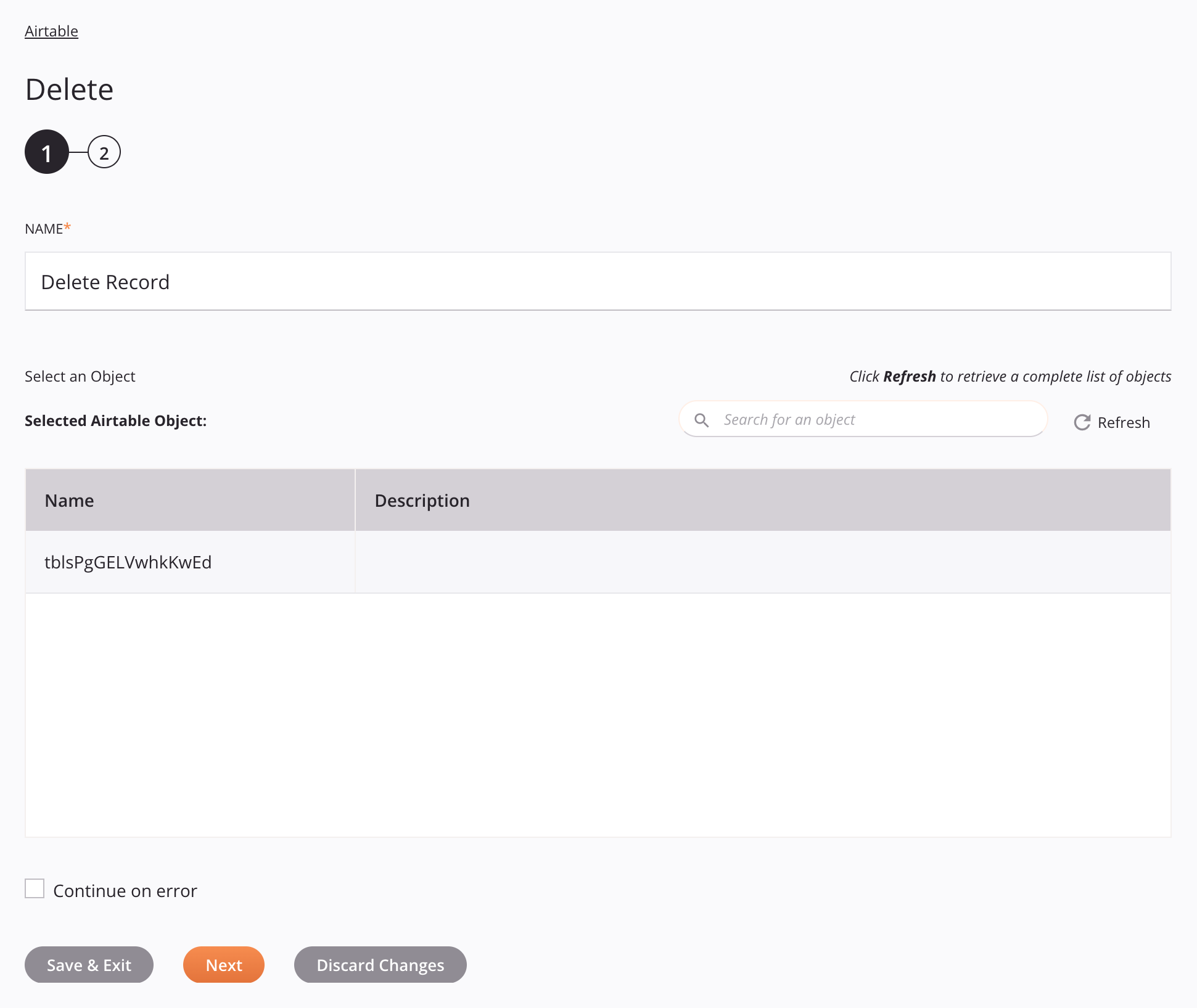 Paso 1 de configuración de actividad de eliminación de Airtable