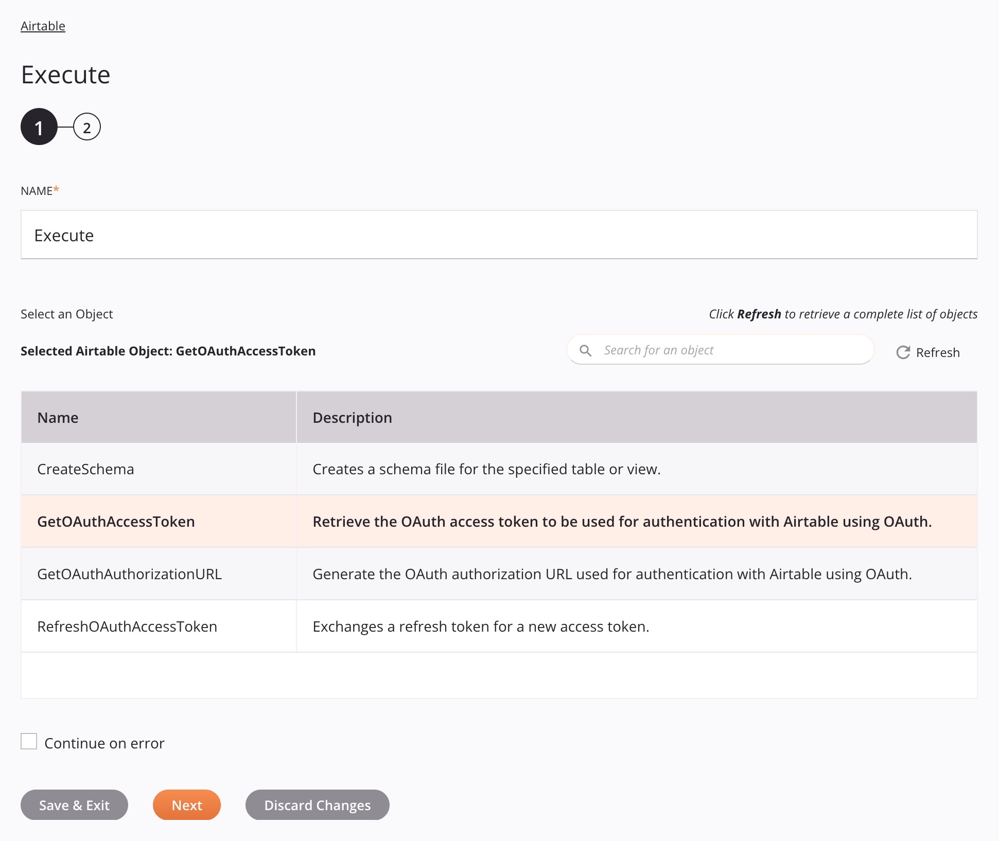 Airtable Execute activity configuration step 1