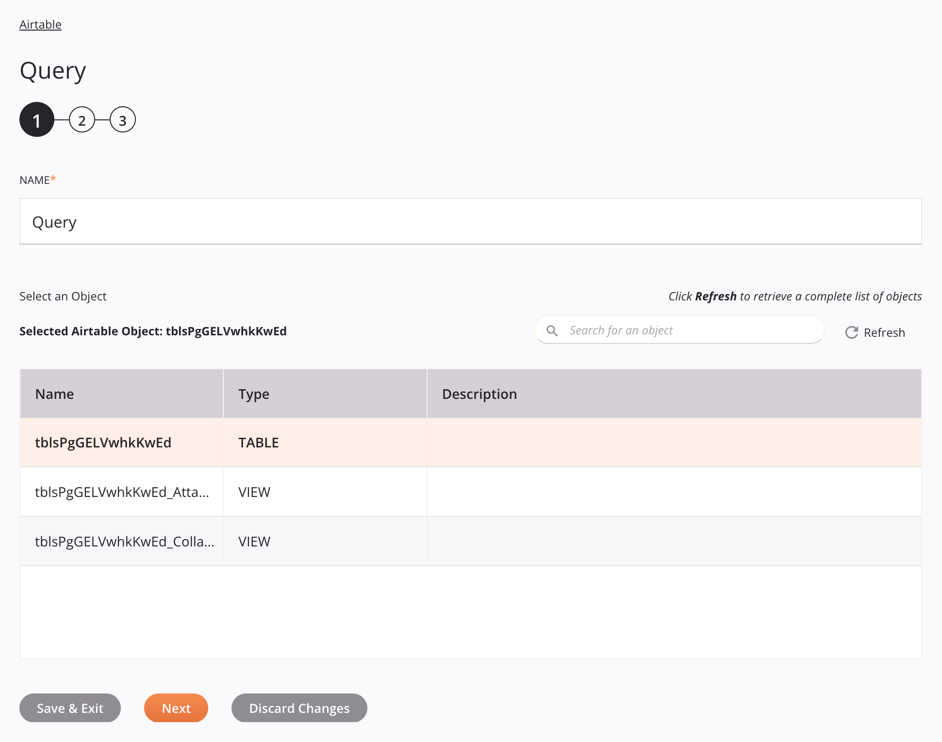 Etapa 1 da configuração da atividade de consulta do Airtable