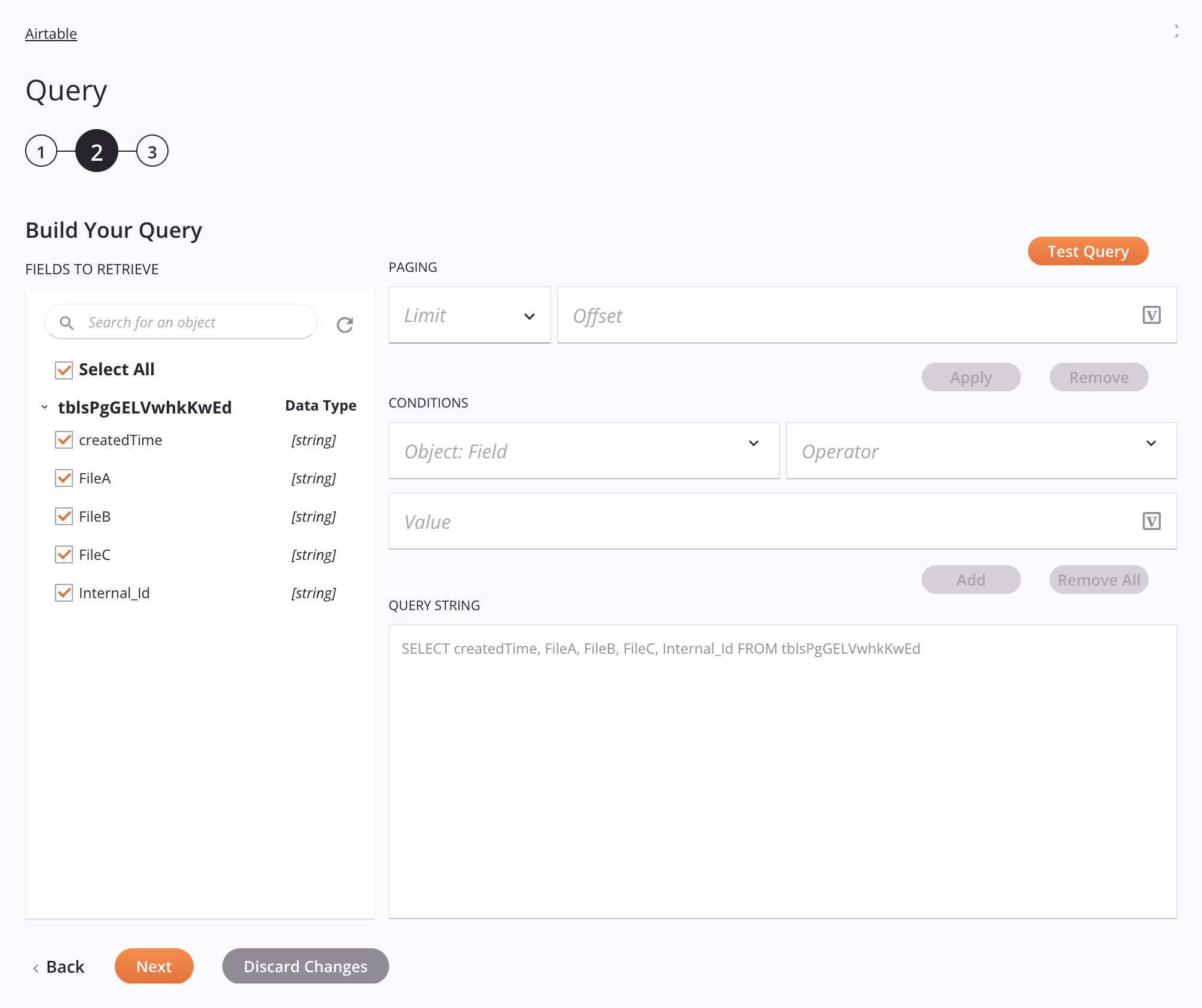 Paso 2 de configuración de la actividad de consulta de Airtable