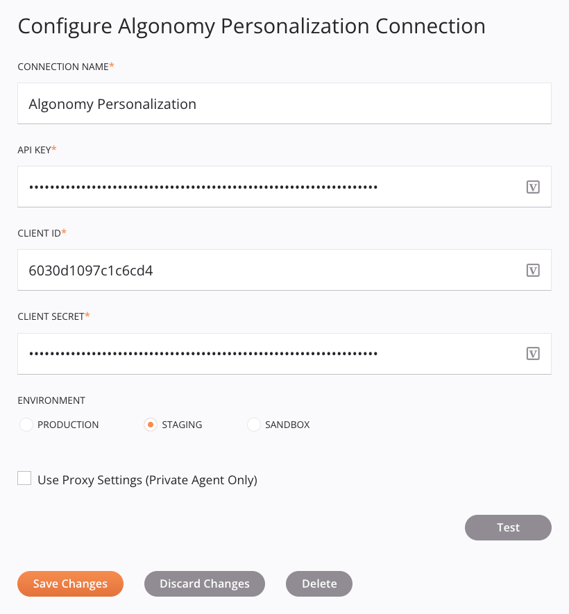 Configuración de conexión de Algonomy Personalization