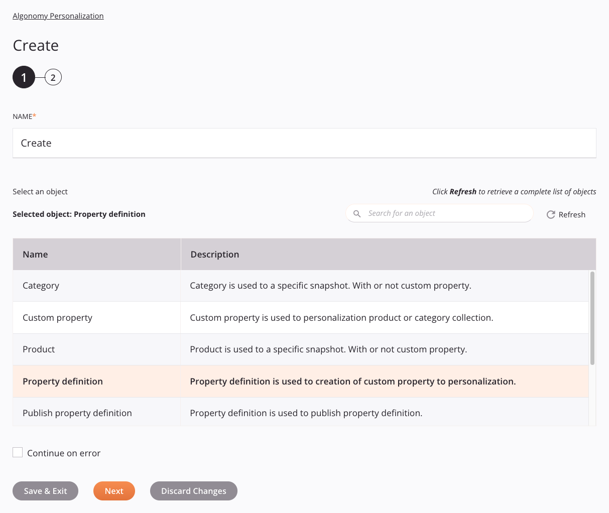 Algonomy Personalization Create activity configuration step 1