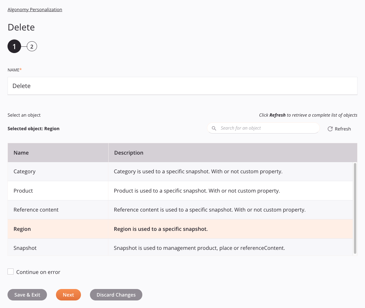 Algonomy Personalization Delete activity configuration step 1