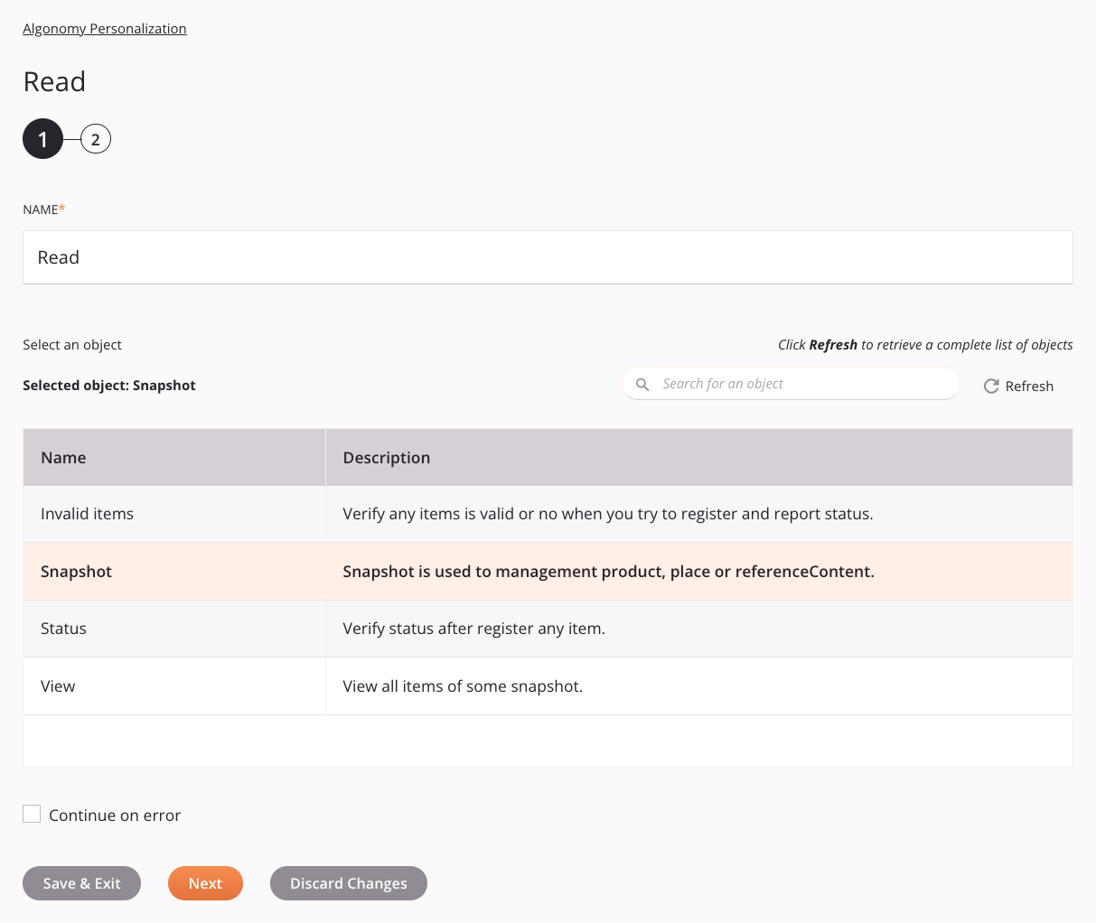 Algonomy Personalization Read activity configuration step 1