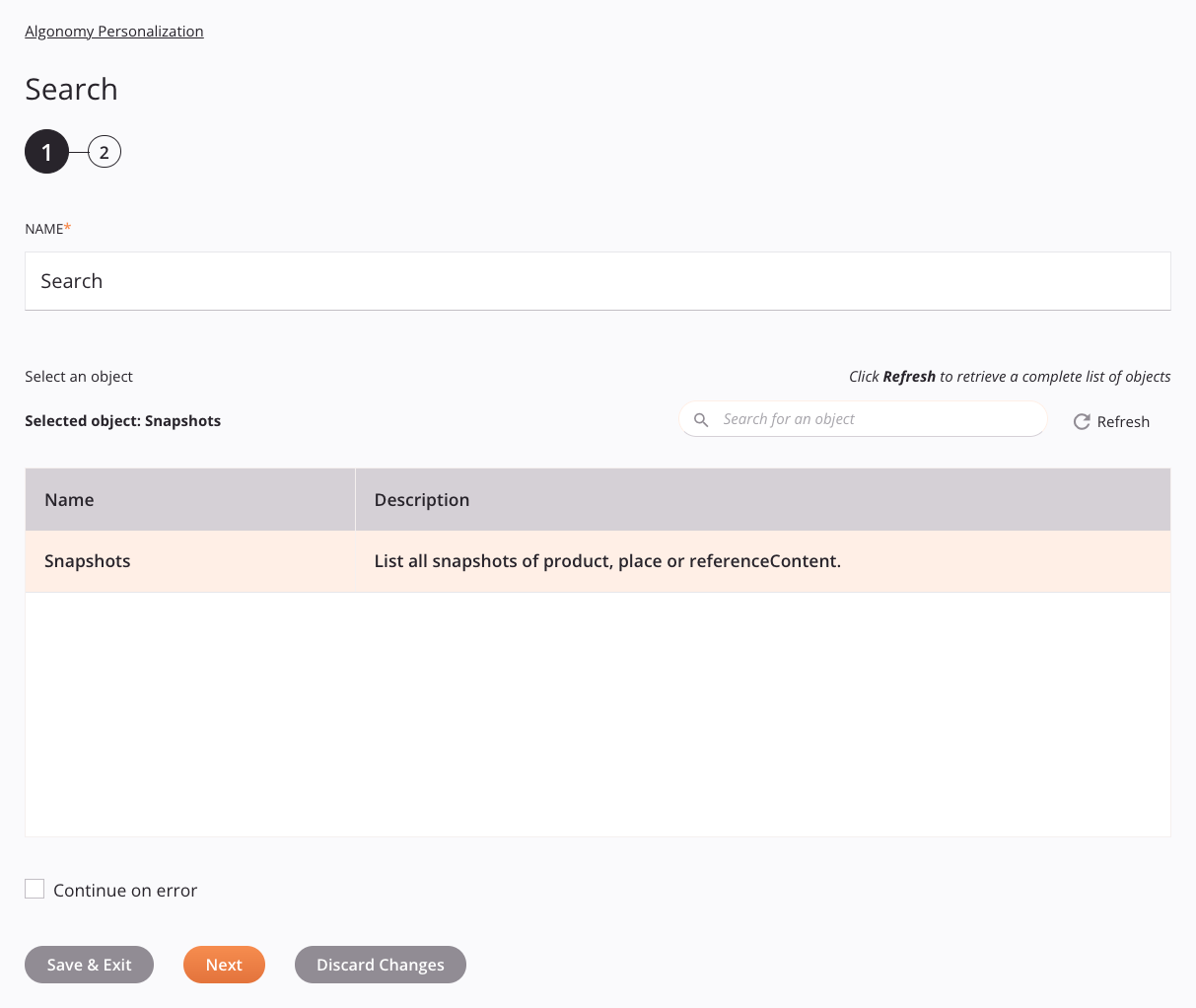 Etapa 1 da configuração da atividade de pesquisa de Algonomy Personalization