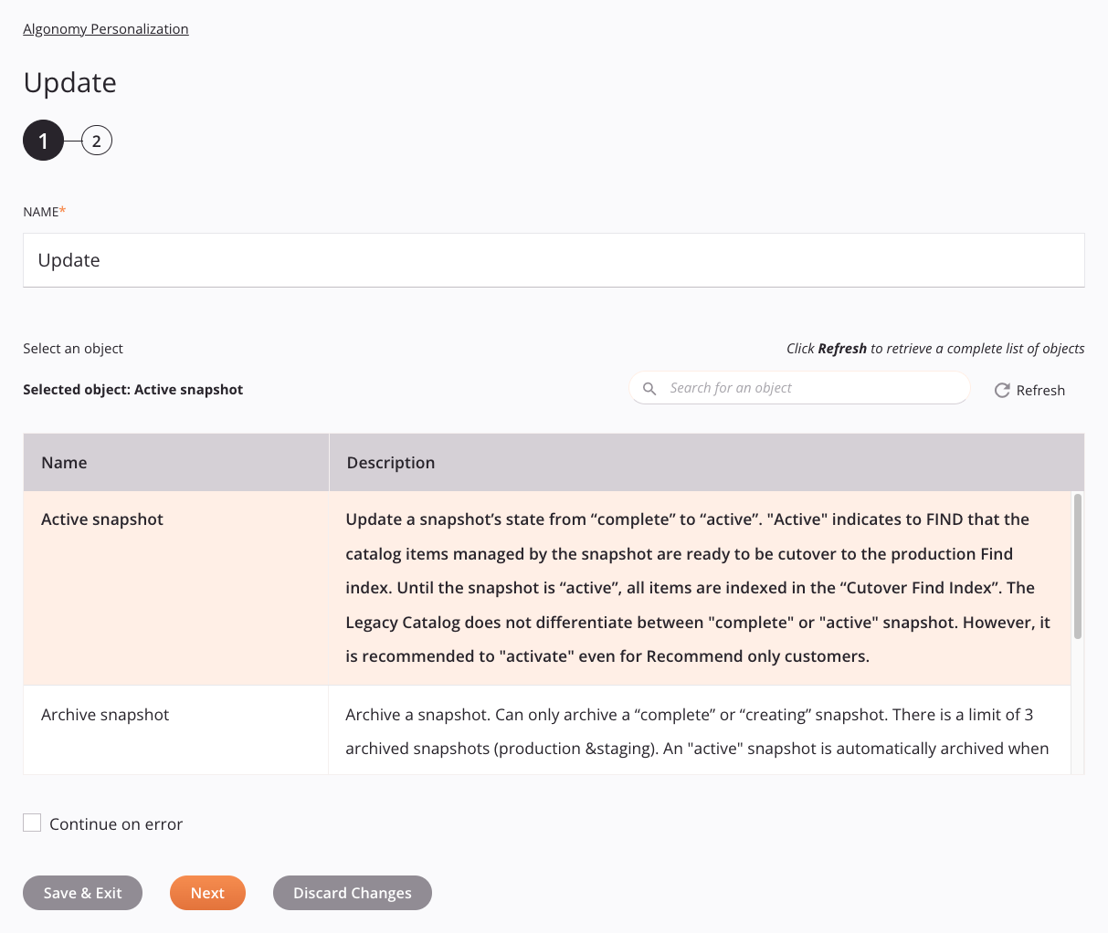 Algonomy Personalization Update activity configuration step 1