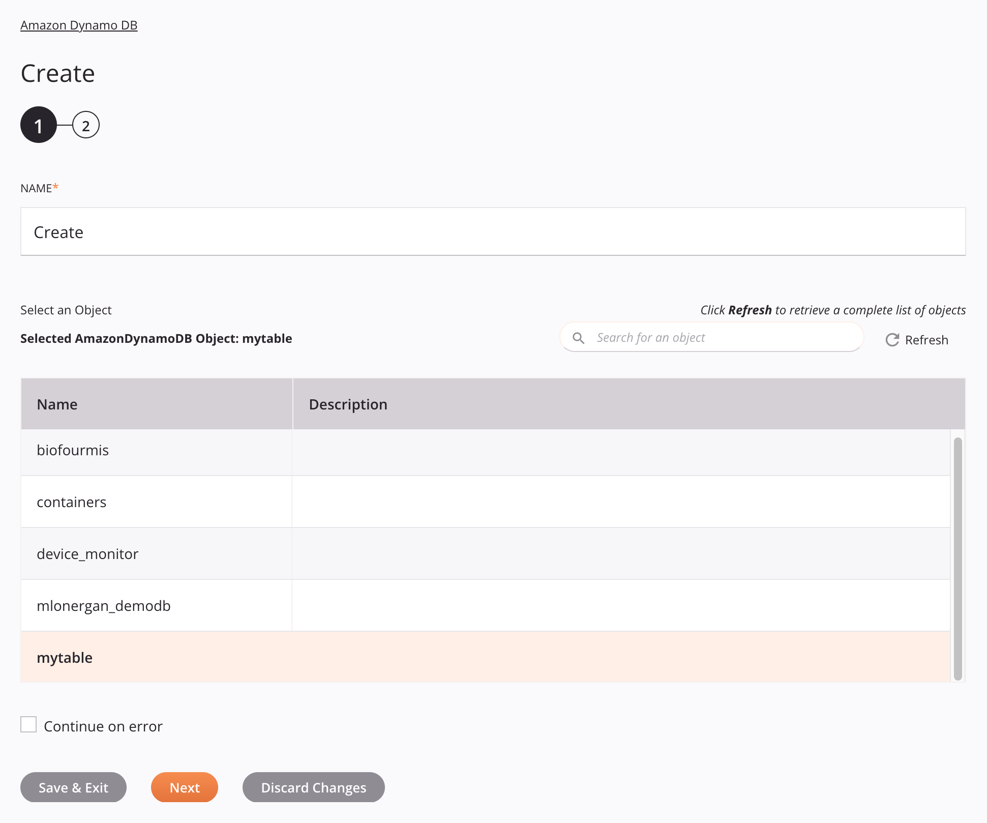 Paso 1 de configuración de actividad de creación de Amazon Dynamo DB