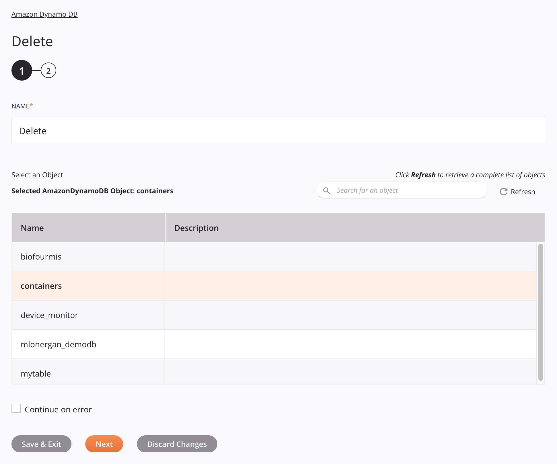 Paso 1 de configuración de la actividad de eliminación de Amazon Dynamo DB