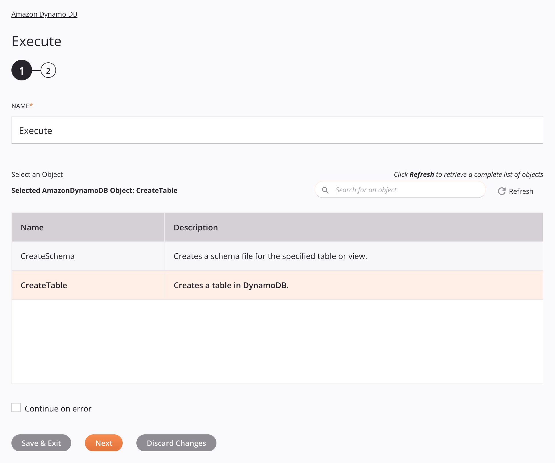 Etapa 1 da configuração da atividade de execução do Amazon Dynamo DB