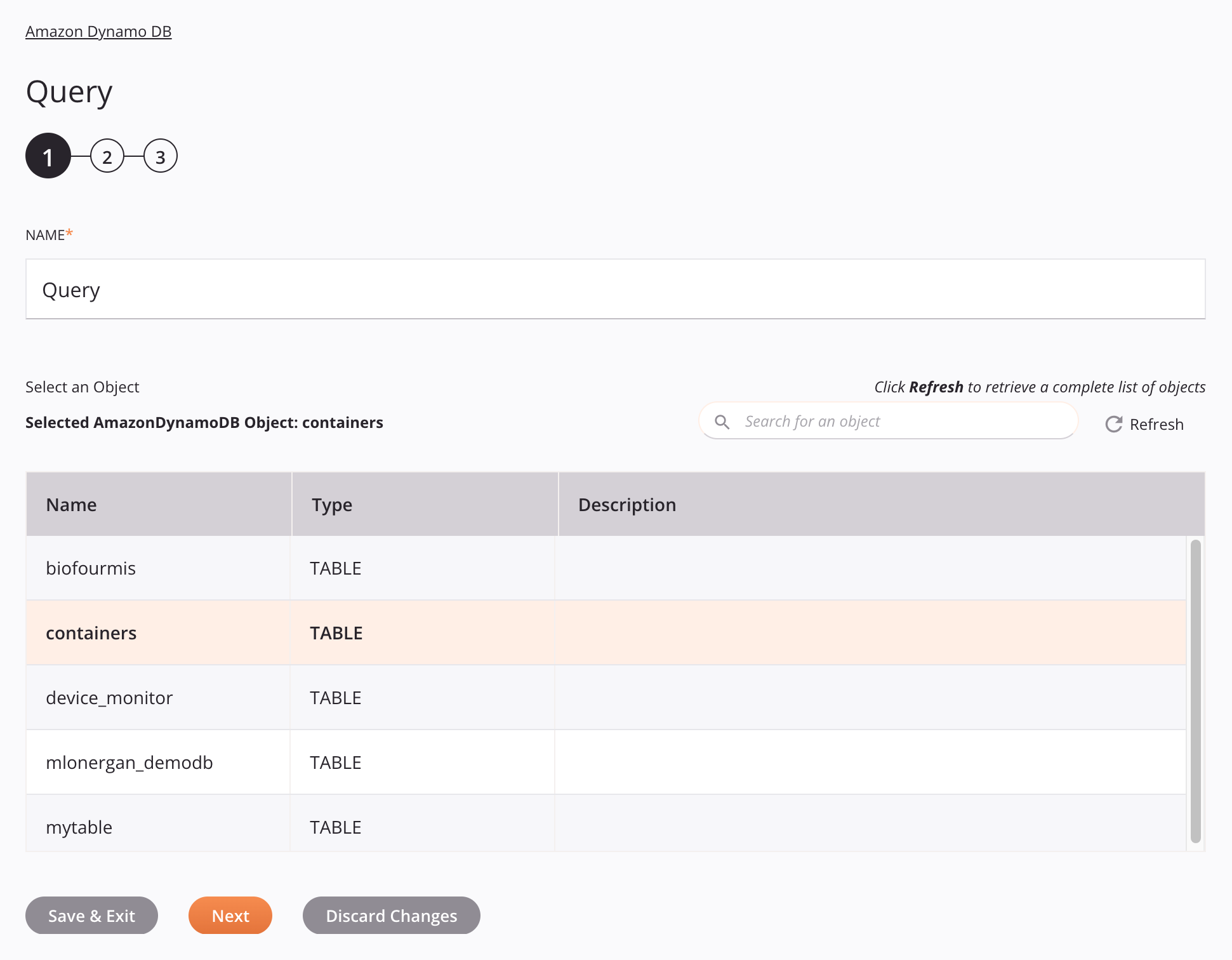 Paso 1 de configuración de la actividad de consulta de Amazon Dynamo DB