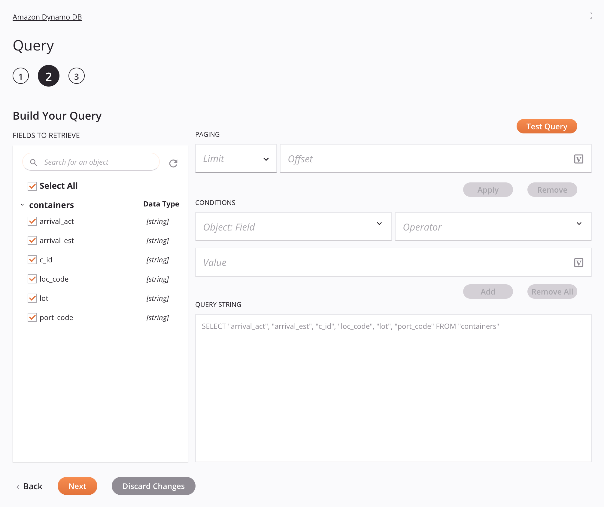 Paso 2 de la configuración de la actividad de consulta de Amazon Dynamo DB