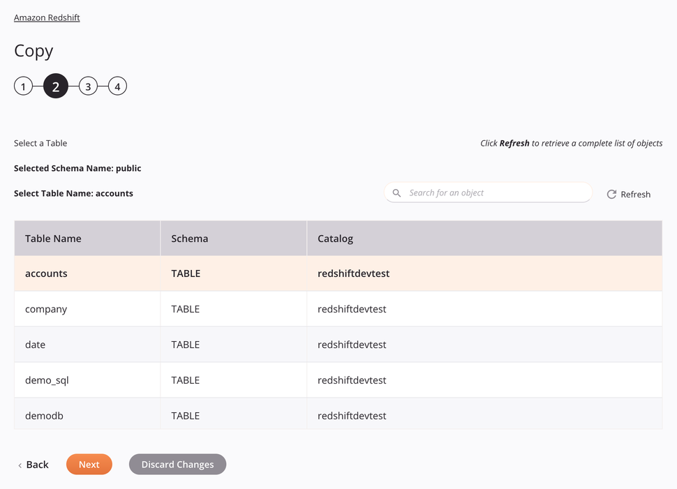 Etapa 2 da configuração da atividade de cópia do Amazon Redshift