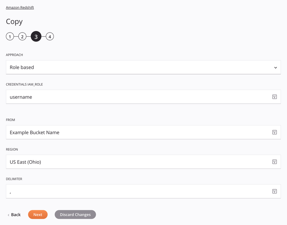 Paso 3 de configuración de la actividad de copia de Amazon Redshift